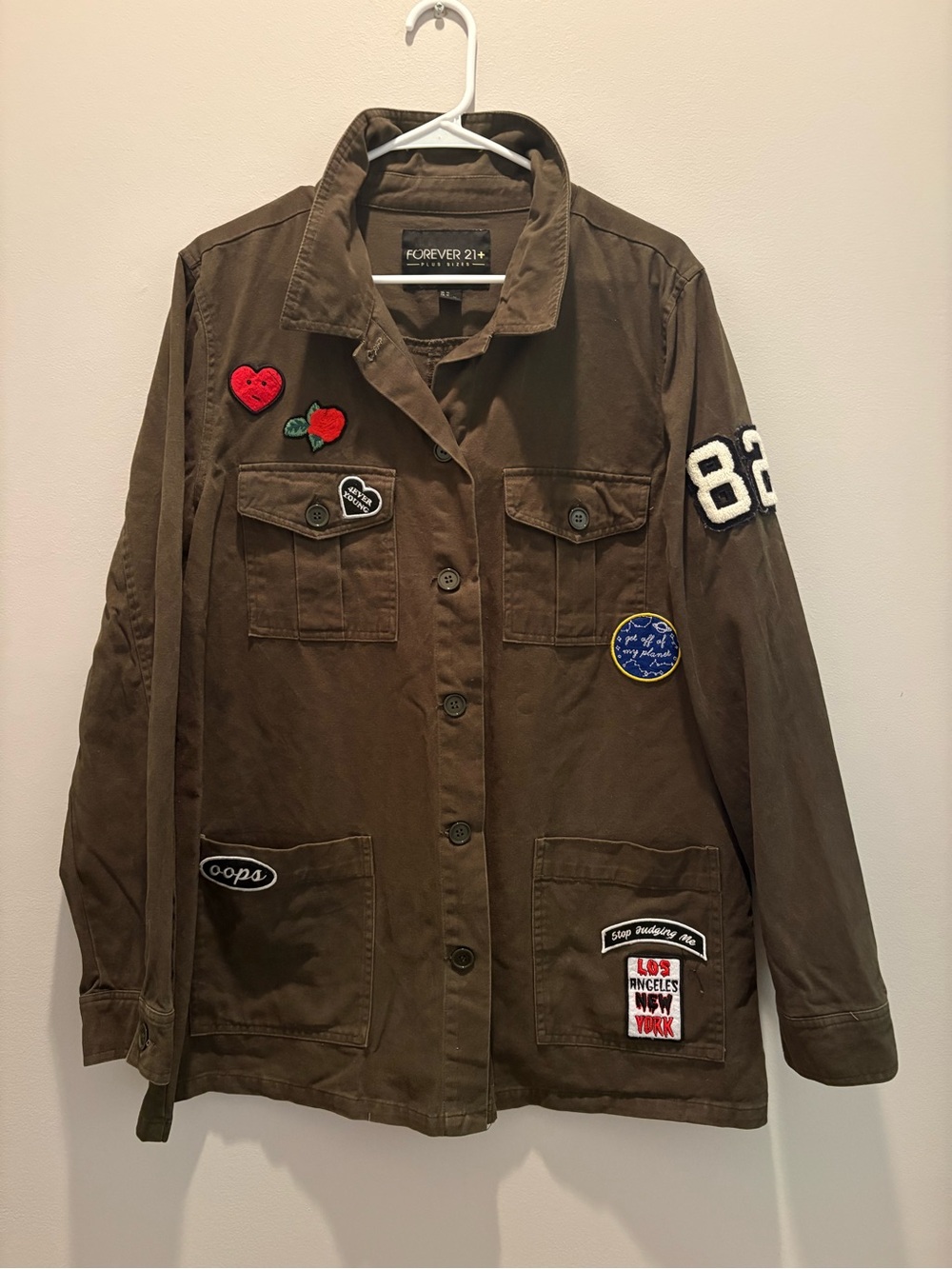 Forever 21 Olive Green Utility Jacket with Embroidered Patches